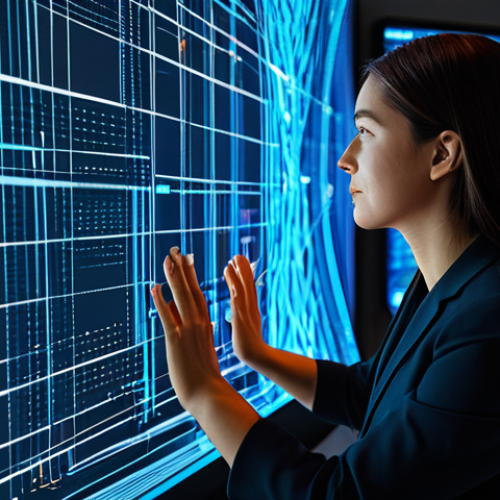 A professional female content creator, fully clothed in modest business attire, sits in a sleek, minimalist digital workspace. She gazes thoughtfully at a large, illuminated holographic interface displaying intricate data streams and abstract visual representations of AI algorithms. Her hands, with perfect anatomy and proper finger count, are gently poised near the glowing projections, suggesting interaction and guidance. The scene emphasizes the synergy between human intuition and artificial intelligence, with a soft, ambient light illuminating the space. The atmosphere is innovative and forward-thinking. Safe for work, appropriate content, professional, perfect anatomy, correct proportions, natural pose, well-formed hands, natural body proportions, high quality, professional photography, digital art.