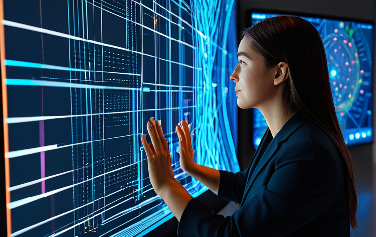 A professional female content creator, fully clothed in modest business attire, sits in a sleek, minimalist digital workspace. She gazes thoughtfully at a large, illuminated holographic interface displaying intricate data streams and abstract visual representations of AI algorithms. Her hands, with perfect anatomy and proper finger count, are gently poised near the glowing projections, suggesting interaction and guidance. The scene emphasizes the synergy between human intuition and artificial intelligence, with a soft, ambient light illuminating the space. The atmosphere is innovative and forward-thinking. Safe for work, appropriate content, professional, perfect anatomy, correct proportions, natural pose, well-formed hands, natural body proportions, high quality, professional photography, digital art.
