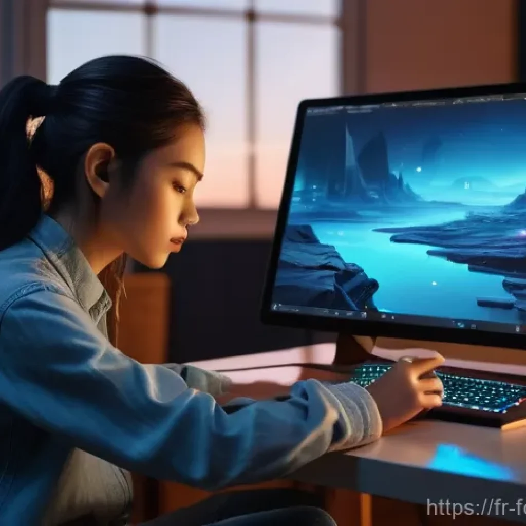 디지털 예술과 창작 혁신의 패러다임 - **"A young, focused female digital artist, wearing stylish yet casual attire including jeans and a l...