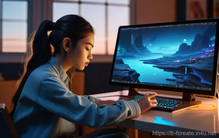 디지털 예술과 창작 혁신의 패러다임 - **"A young, focused female digital artist, wearing stylish yet casual attire including jeans and a l...