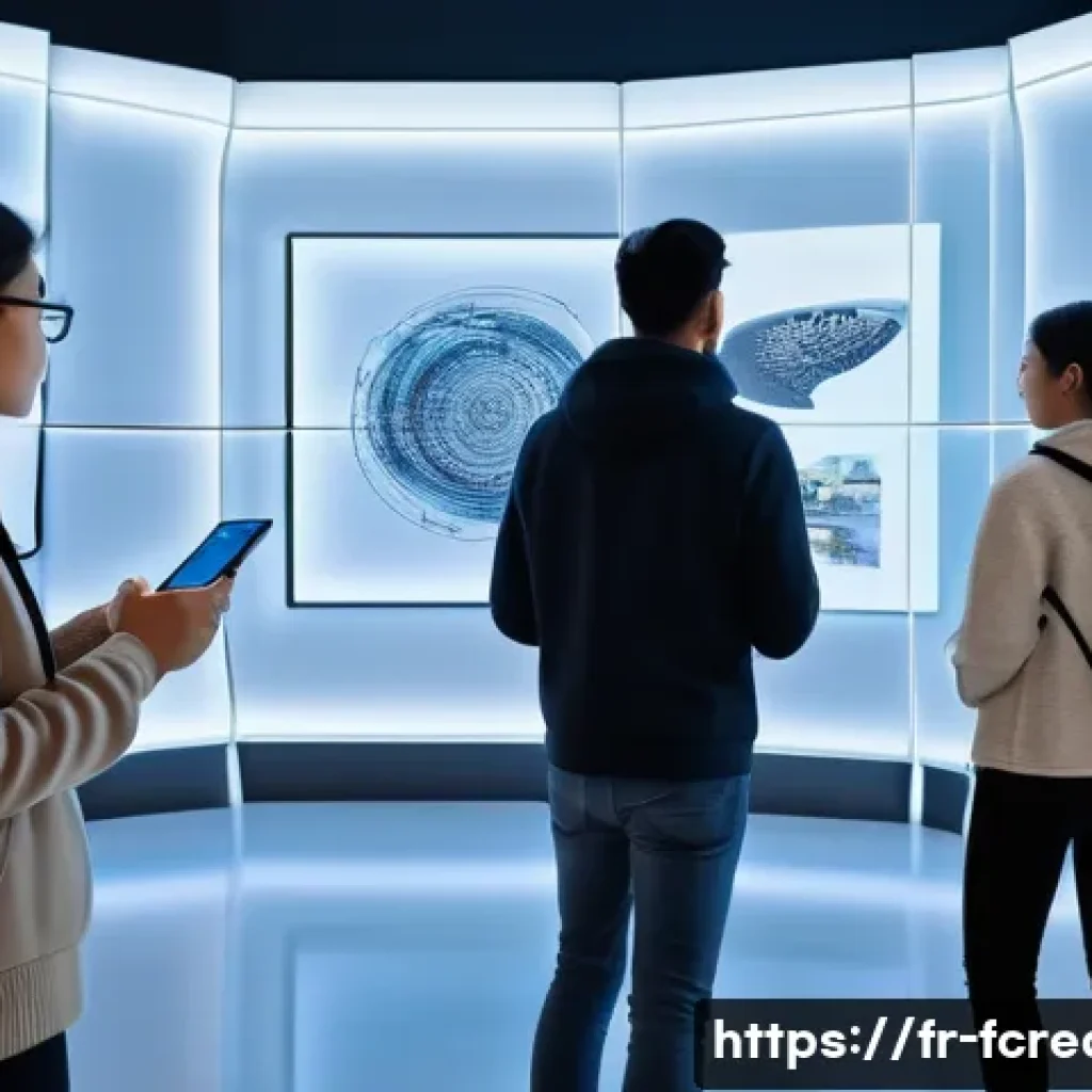 미래의 디지털 미술관 - A modern virtual art gallery interior with diverse visitors wearing casual clothing, interacting wit...