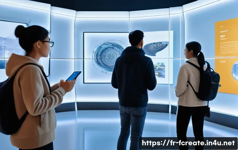 미래의 디지털 미술관 - A modern virtual art gallery interior with diverse visitors wearing casual clothing, interacting wit...