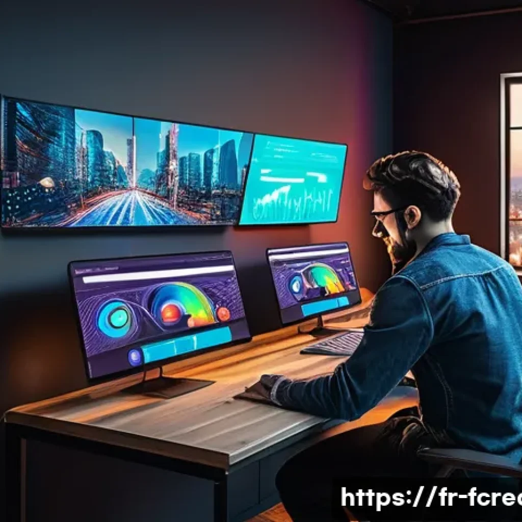 디지털 플랫폼과 창작의 변화 - A modern digital creator’s workspace featuring multiple screens displaying social media platforms li...