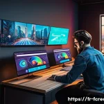 Home 22 디지털 플랫폼과 창작의 변화 - A modern digital creator’s workspace featuring multiple screens displaying social media platforms li...