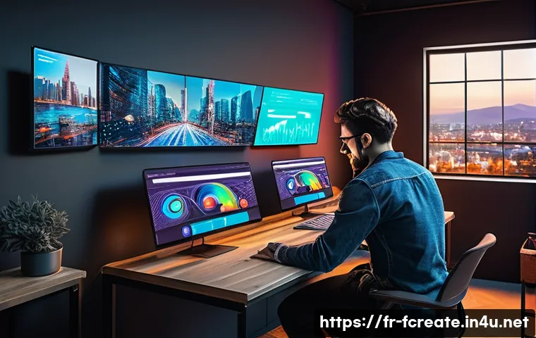 디지털 플랫폼과 창작의 변화 - A modern digital creator&rsquo;s workspace featuring multiple screens displaying social media platforms li...