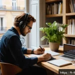 Home 21 AI 기반 소설 창작 - A modern writer sitting at a sleek desk in a cozy Parisian apartment, surrounded by books and a lapt...