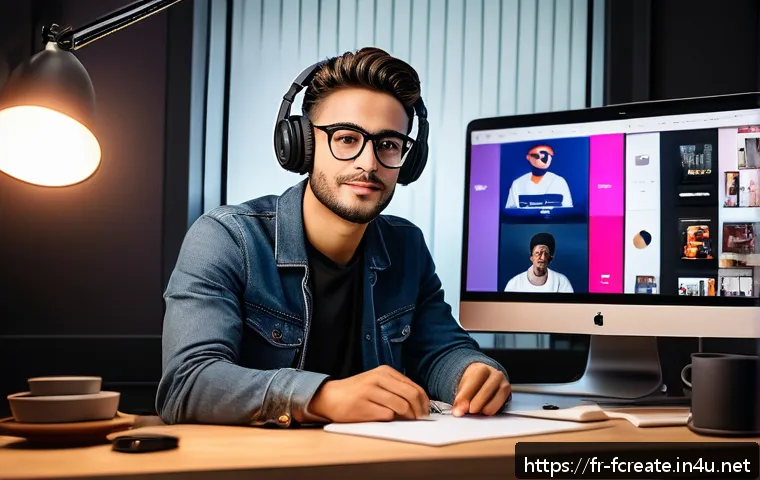 디지털 미디어와 창작자의 관계 변화 - A dynamic digital content creator’s workspace featuring a young French influencer in casual modern a...