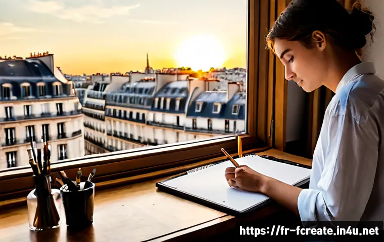 Home 13 아티스트의 디지털 미래 - Photorealistic modern Paris artist studio at golden hour, a French digital illustrator in casual sma...